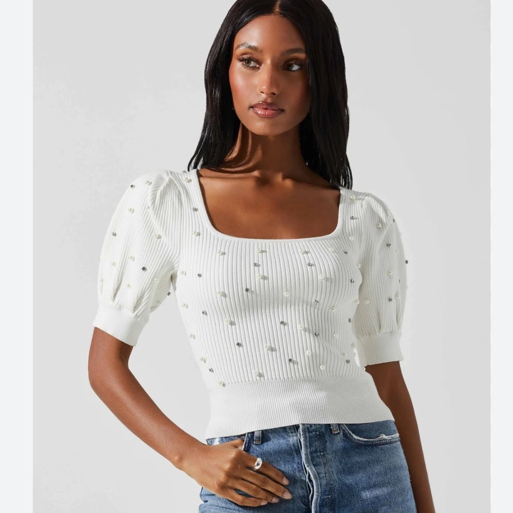 Astr the label square neck pearl sweater